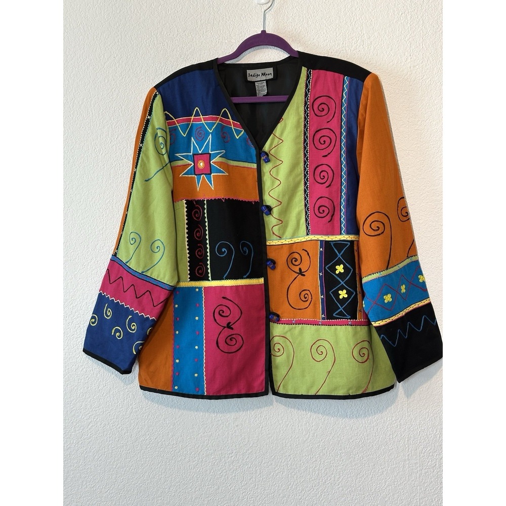 Jacket Colorful Embroidered Patchwork Flax Blend Size 1X Boho Art To Wear Artsy